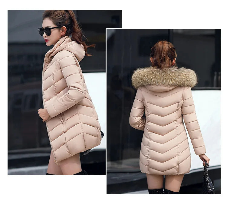 Veste d'hiver mi-longue en coton pour femme, manteau d'hiver rempli de grand col en fourrure, fibre de Polyester de Style britannique Non amovible