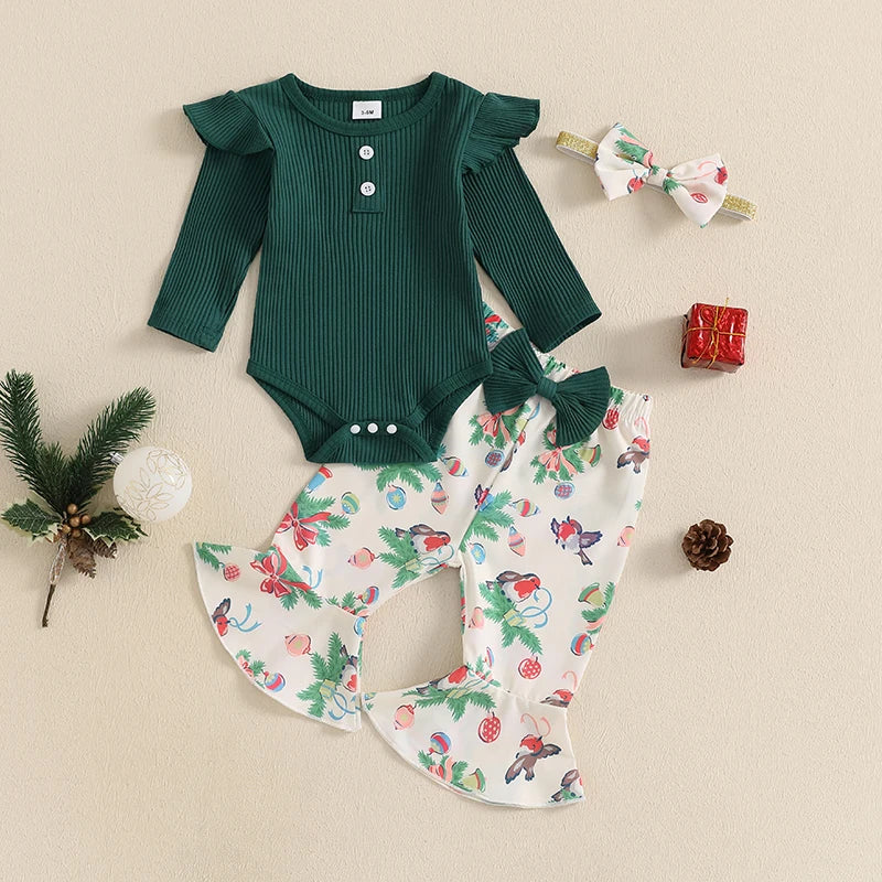 Ensemble pantalon de noël pour bébés filles, barboteuse côtelée à manches longues, imprimé père noël oiseau, pantalon évasé, bandeau