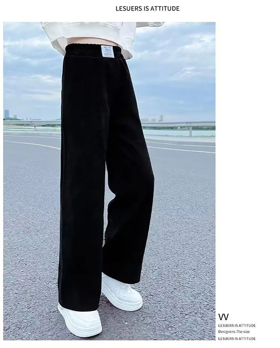 Pantalons à jambes larges pour filles, en velours côtelé, décontractés, à jambes droites, tendance, pantalons longs amincissants, nouvelle collection printemps et automne