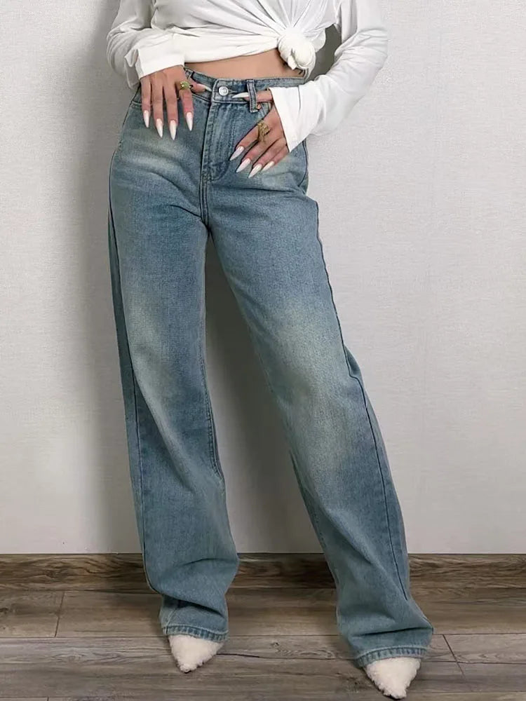 Jean bleu femmes taille haute 2025 ample décontracté petit ami jean Long pour le travail dames Simple jambe droite Denim pantalon pour les femmes