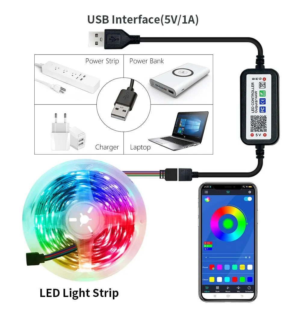 5M USB Led Bande Lumières RGB 2835 60 LED Bluetooth APP Contrôle Luces Led Flexible Diode Décoration Pour Salon Lampe Ruban