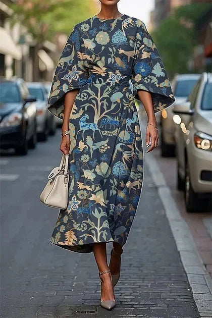 Elegant floral ocean dress for women, ankle-length, made of polyester fiber, independent station, cross-border, 2025