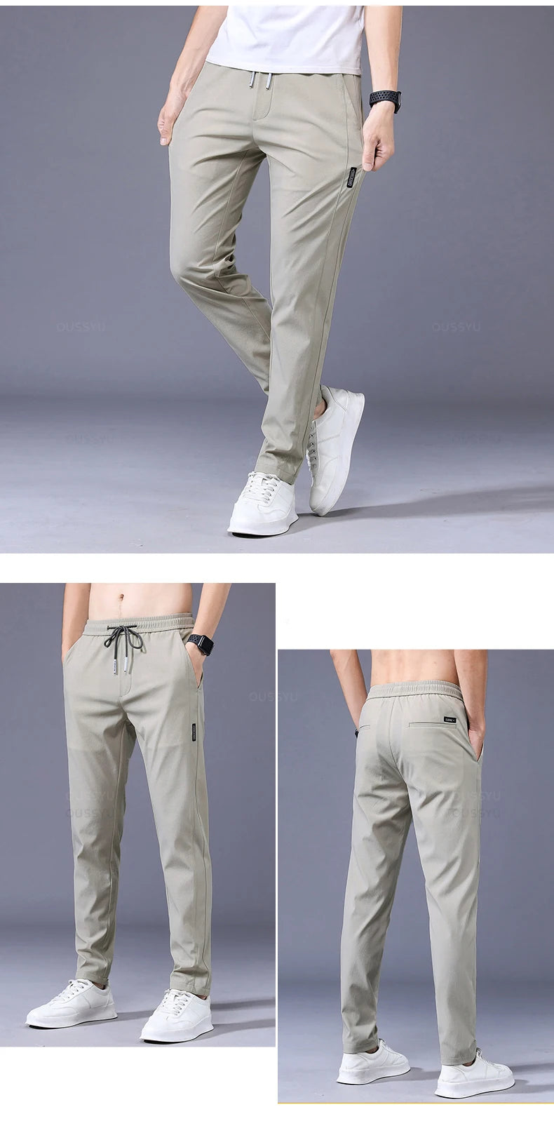 2025 Pantalon pour hommes printemps été nouveau mince vert couleur unie mode poche Applique pleine longueur Pantalon de travail décontracté Pantalon