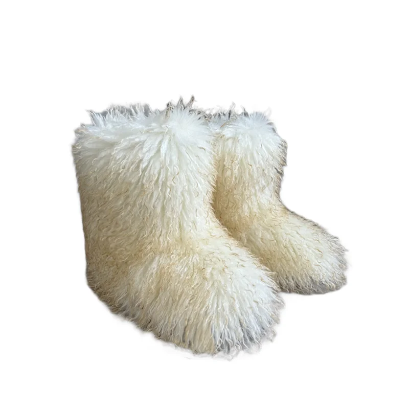 Nouveau Hiver fourrure une pièce fourrure de raton laveur femme bottes de neige chaussures de fourrure en plein air mi jambe bottes
