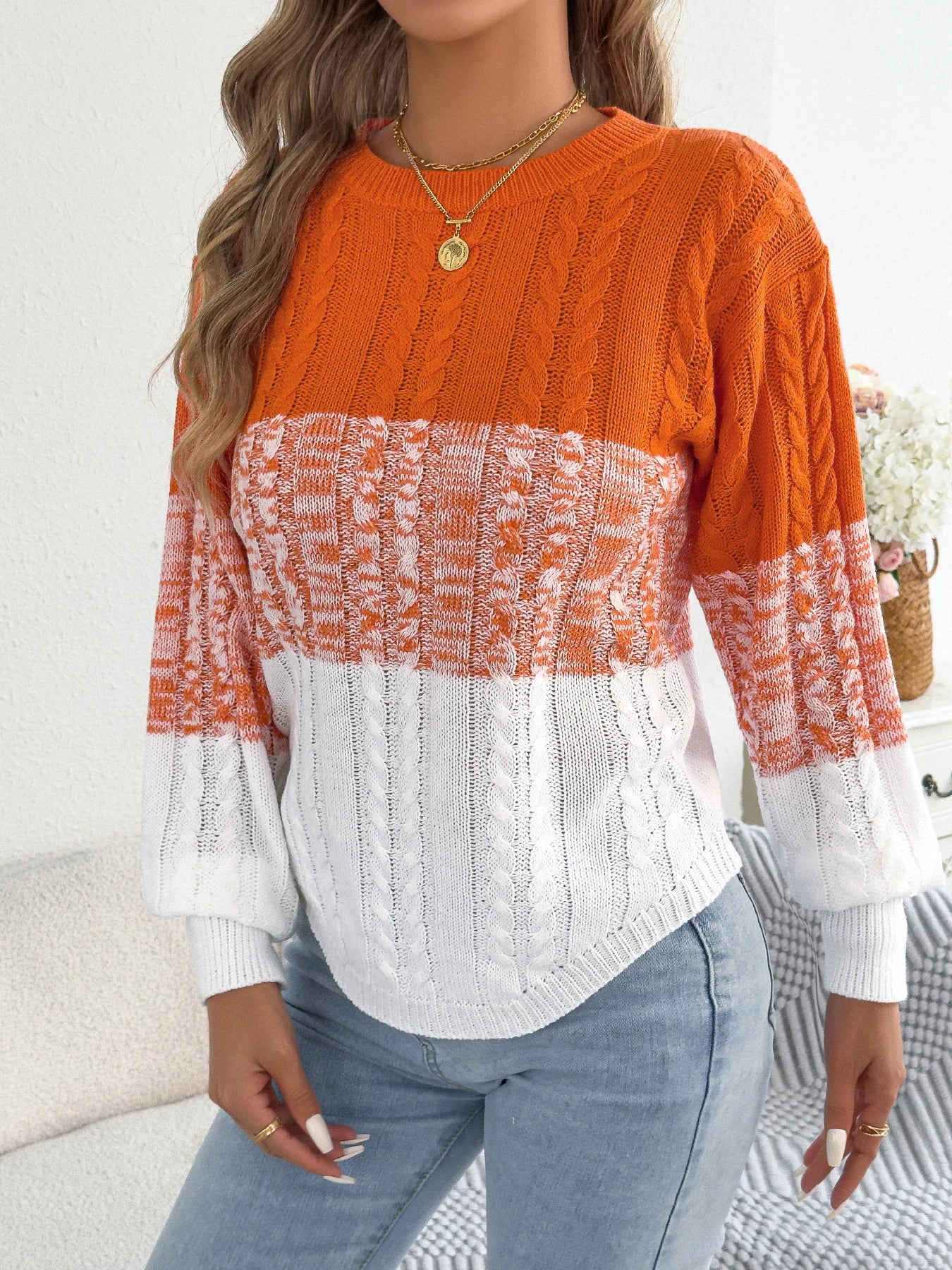 Femme décontracté couleur bloc rayé pull col rond lanterne à manches longues torsion tricoté hauts pour 2025 automne hiver femmes vêtements