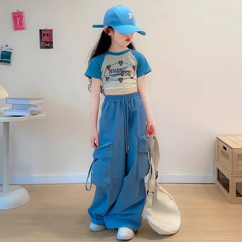 Girls' cargo pants, straight-leg spring pants with pockets, fashionable loose-fitting pants for teenagers aged 5 to 14