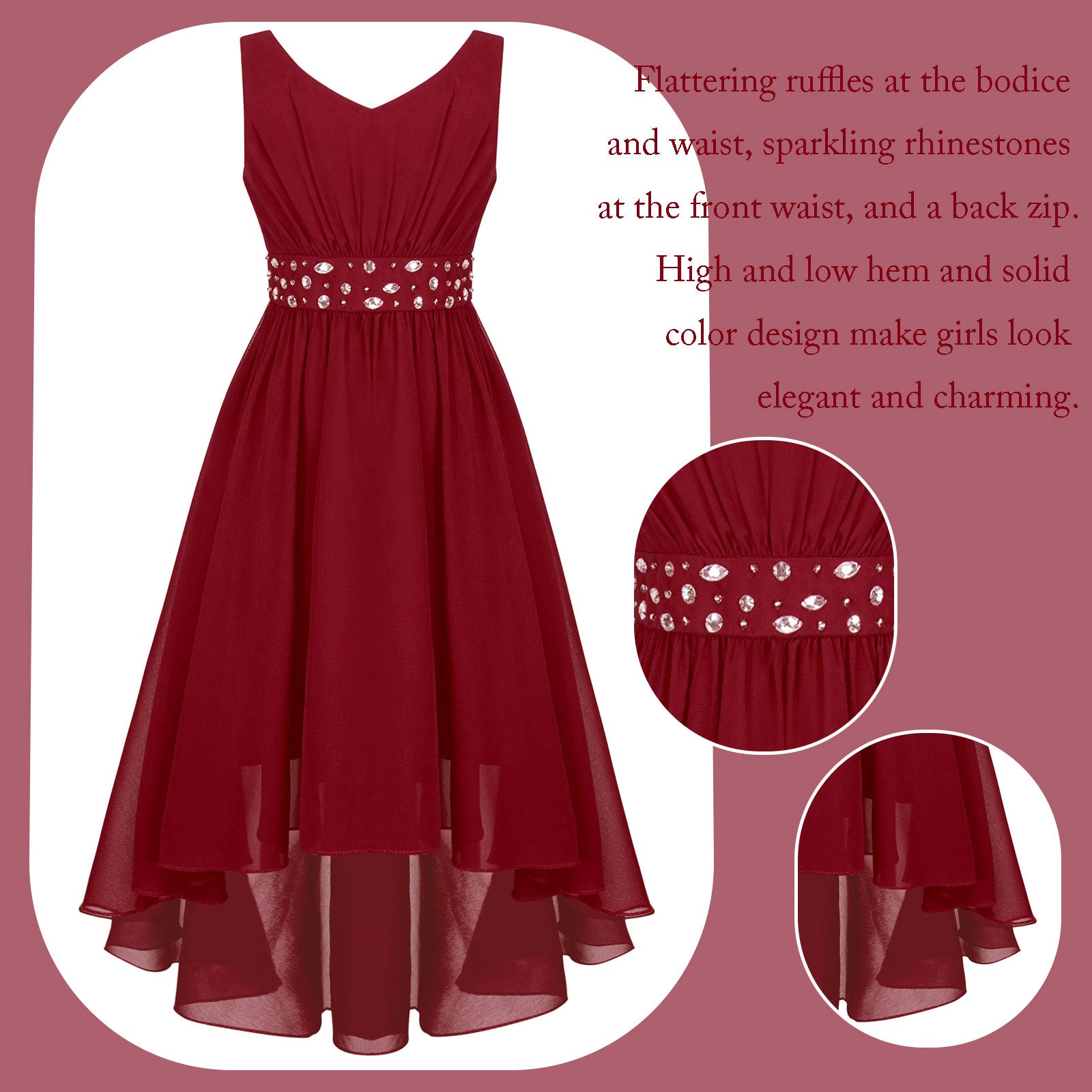 Robe perlée pour filles, élégante, brillante, rose, pour adolescentes, pour cérémonie de première Communion, ourlet Hi-Lo, fleur de demoiselle d'honneur