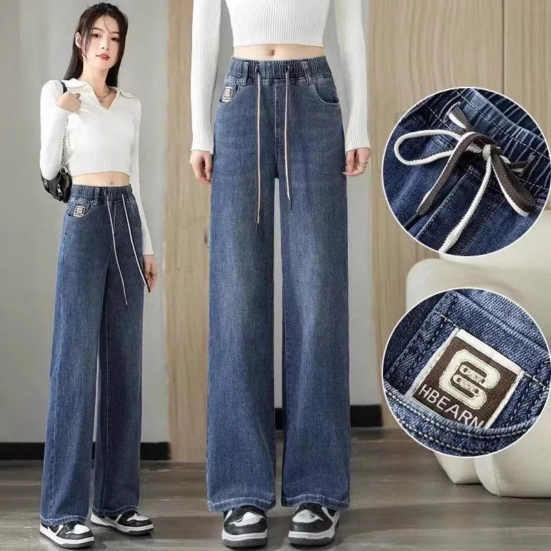 Jean ample à jambes larges, taille haute, bleu clair, grande taille, taille élastique, pantalon Dstring, pantalon Long amincissant