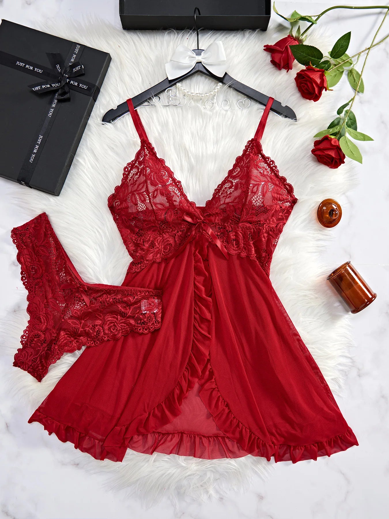 Ensemble de Lingerie Sexy pour femmes, soutien-gorge érotique, chemise de nuit, vêtements de nuit en dentelle, couleur unie, Slim, robes douces, col en V, Slip complet, vêtements de nuit et robes