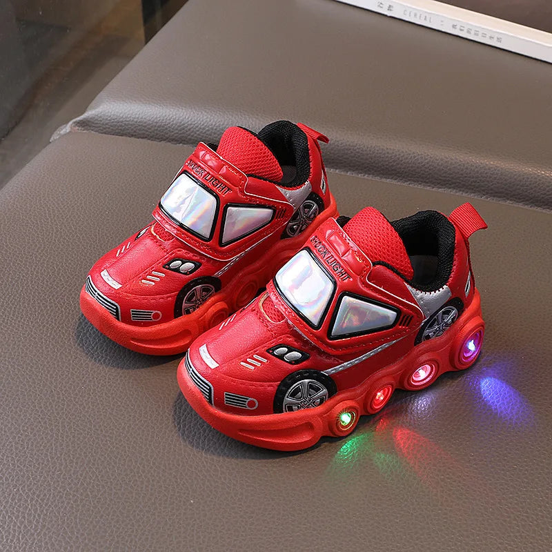 Diseny enfants chaussures décontractées lumière LED voiture Club dessin animé en cuir PU printemps chaussures pour enfants anti-dérapant rouge bleu chaussures taille 21-30