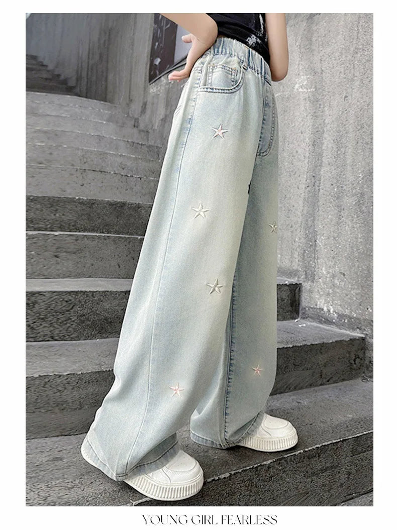Five-pointed star embroidered jeans for girls aged 3 to 12, stylish wide-leg denim trousers, new spring/autumn collection