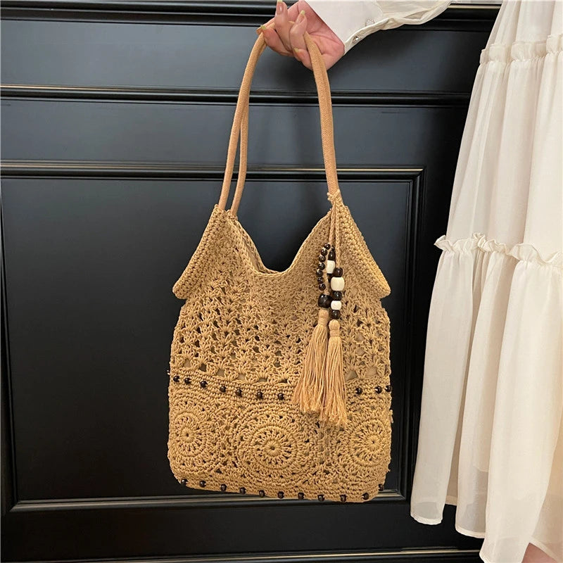Sac à main tissé de grande capacité, sac à bandoulière ajouré, fourre-tout en Crochet, fourre-tout bohème tissé pour femmes, sacs de Shopping tricotés