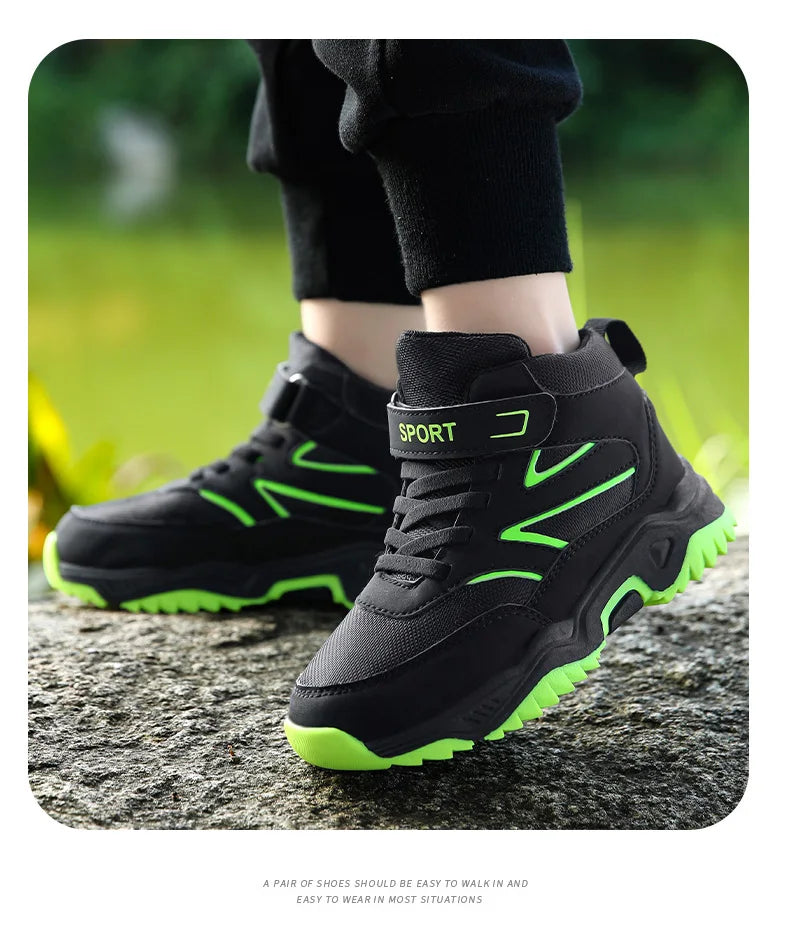 Chaussures de sport antidérapantes en cuir pour enfants, baskets de course respirantes, noires, à la mode, de randonnée, taille 29-40, nouvelle collection