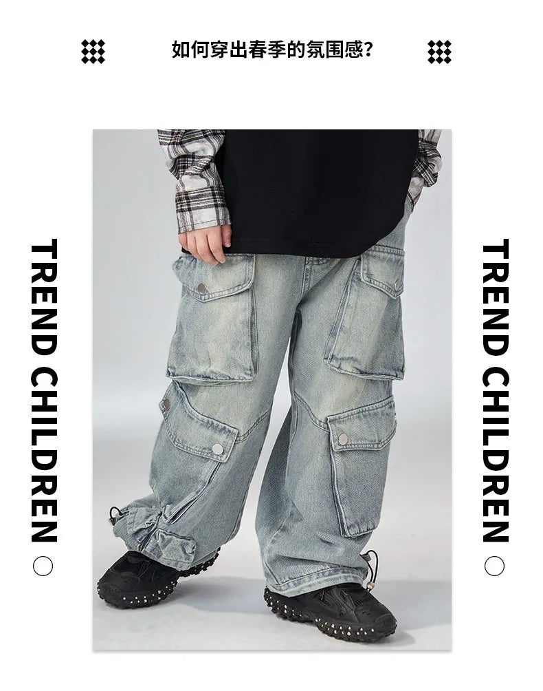 Jean ample à jambes larges pour garçons, pantalon de travail pour enfants moyens et grands, coupe confortable, printemps-automne