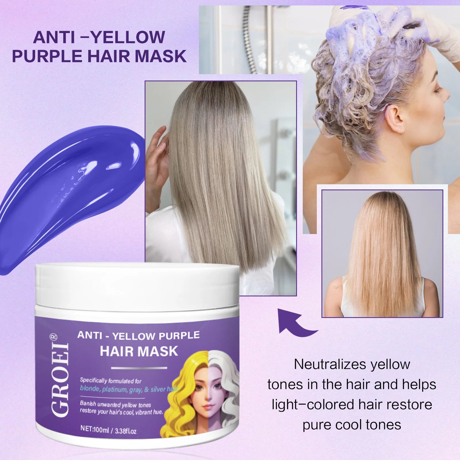 Masque capillaire qui élimine les tons jaunes et nourrit en profondeur les cheveux, améliore la brillance des cheveux et restaure la couleur des cheveux.