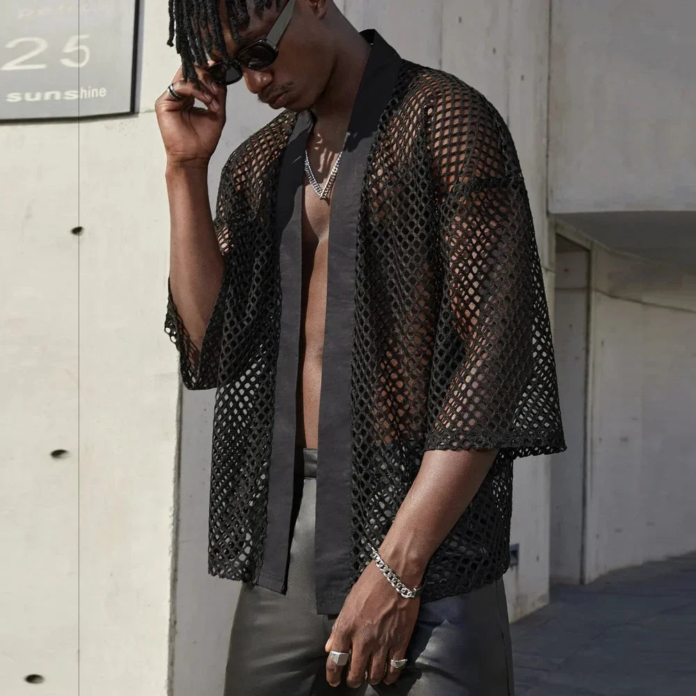 Hommes hauts en maille évider T-shirt masculin Cardigan châle Streetwear hommes mode Performance porter chemise haute Chemise Homme