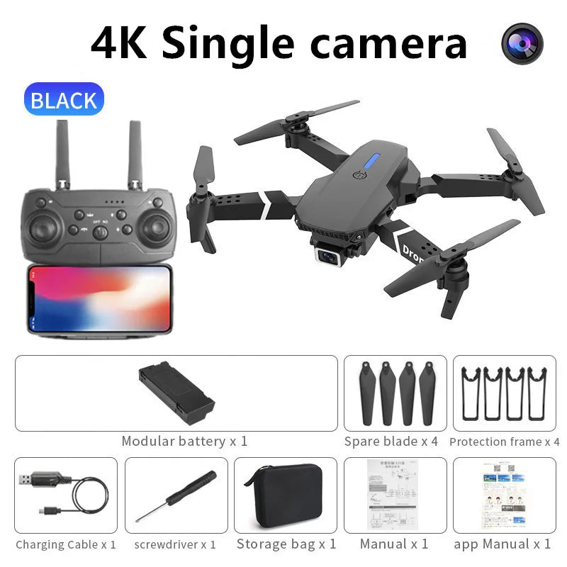 E88 4K Professional Drone, Wide-Angle HD Camera, WiFi FPV, Altitude Hold, Foldable RC Quadrotor Helicopter, Children's Toys (Camera Not Included)