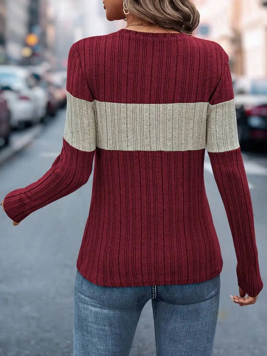 Pull à manches longues et col rond pour femme, décontracté, ample, couleur bloquée, Simple, automne, Ropa De Mujer, vêtements De transport