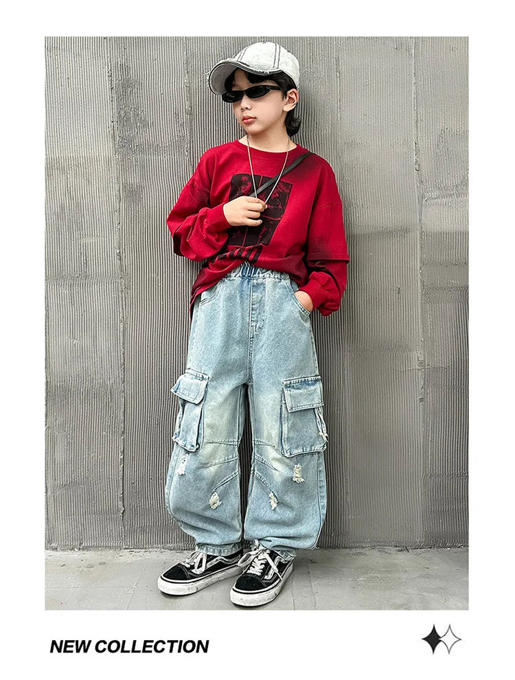 Adolescents garçons Hip Hop Streetwear vêtements de travail jean printemps automne 2025 nouveau Style enfants beau à la mode déchiré pantalon à jambes larges