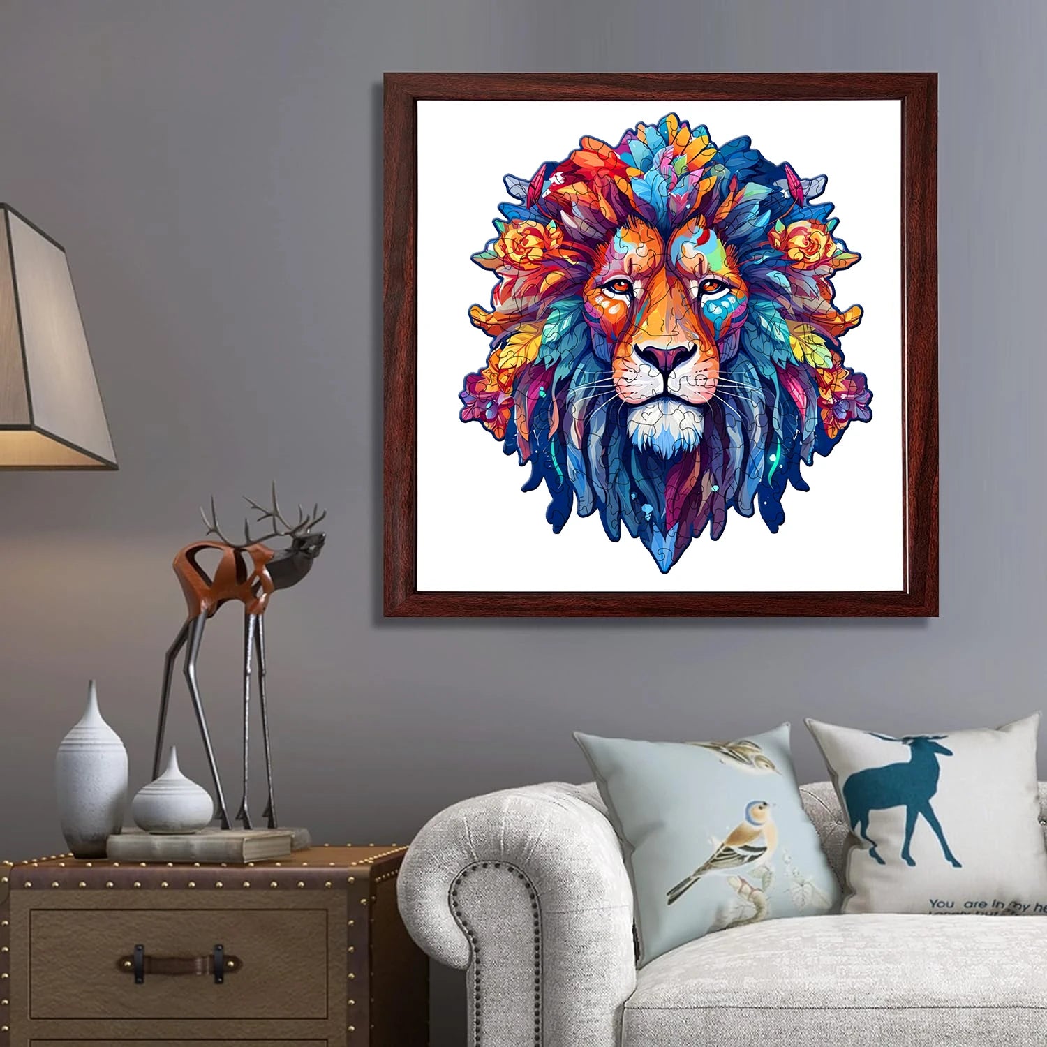 Visage de lion - Puzzle en bois - Forme irrégulière - Fait main - Cadeau parfait pour les enfants, les adultes et les amateurs de puzzle