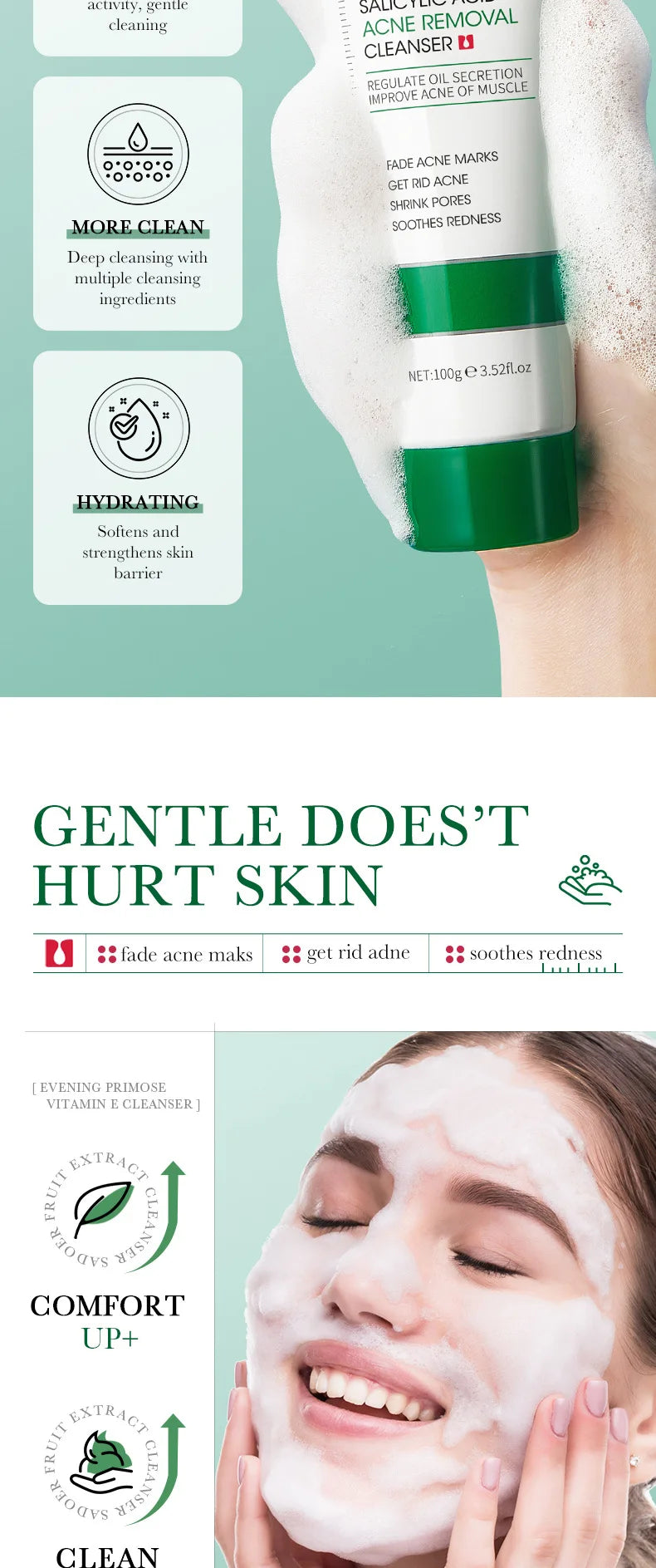 BIOAQUA acide salicylique nettoyant pour le visage traitement de l'acné hydratant contrôle de l'huile soin de la peau mousse de lavage du visage nettoyant pour le visage soins de la peau