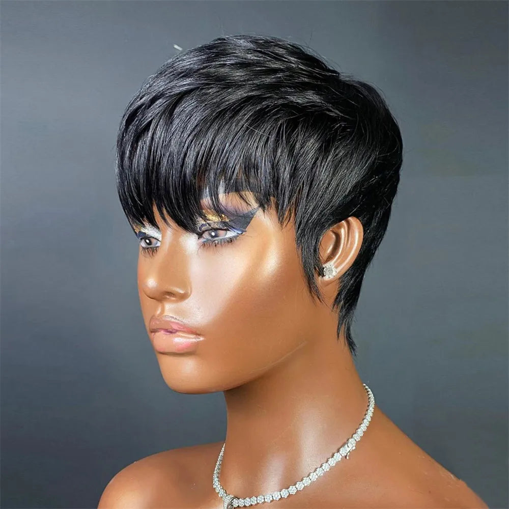 Short wigs for women, human hair wigs, pixie cut, machine-made real human hair wigs, pixie wigs, short haircuts, straight wigs