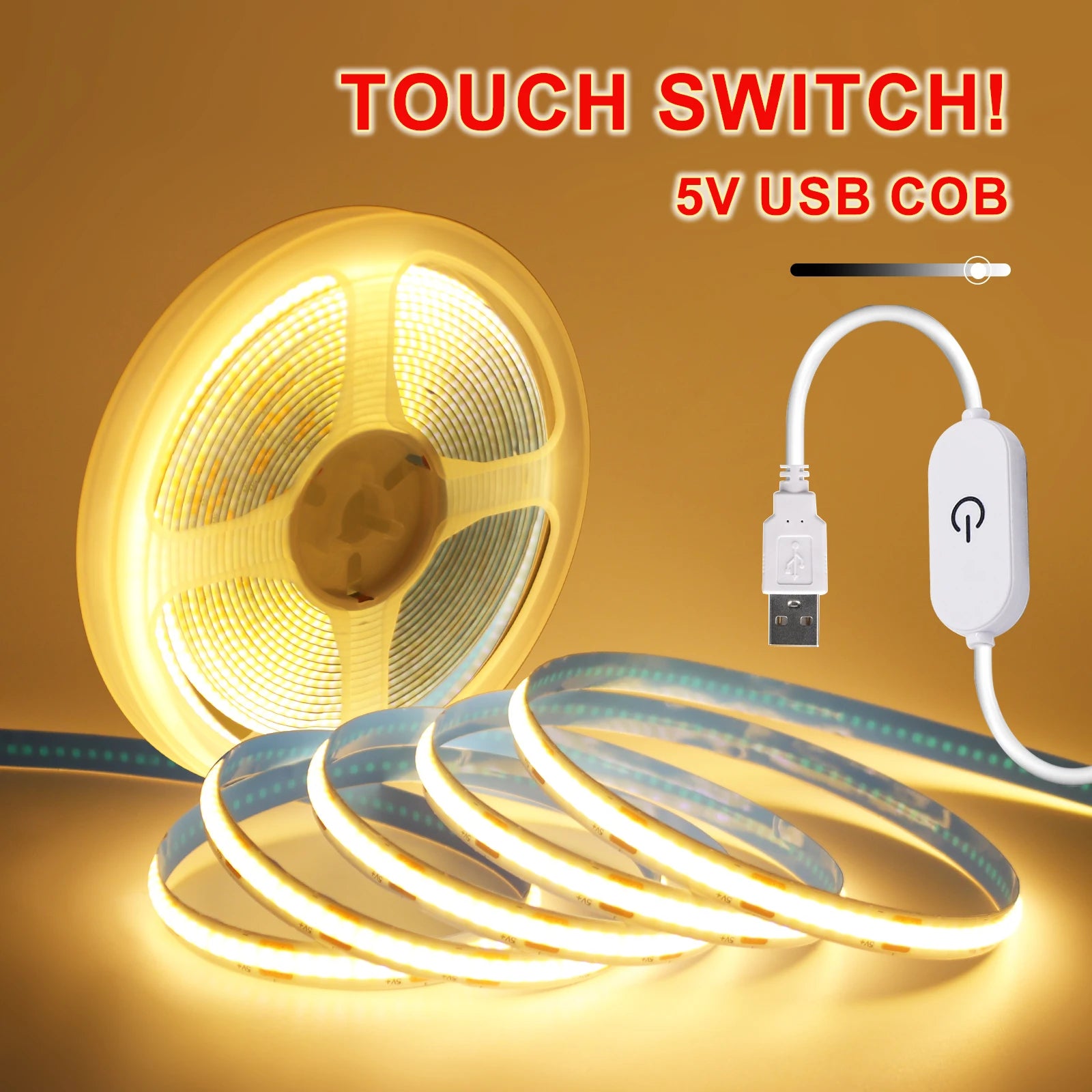 5V USB LED Strip Light, 320 LEDs/M COB, Dimmable Touch Sensor Switch/Push Switch, DIY, TV Mirror, Backlighting, Night Light for Room
