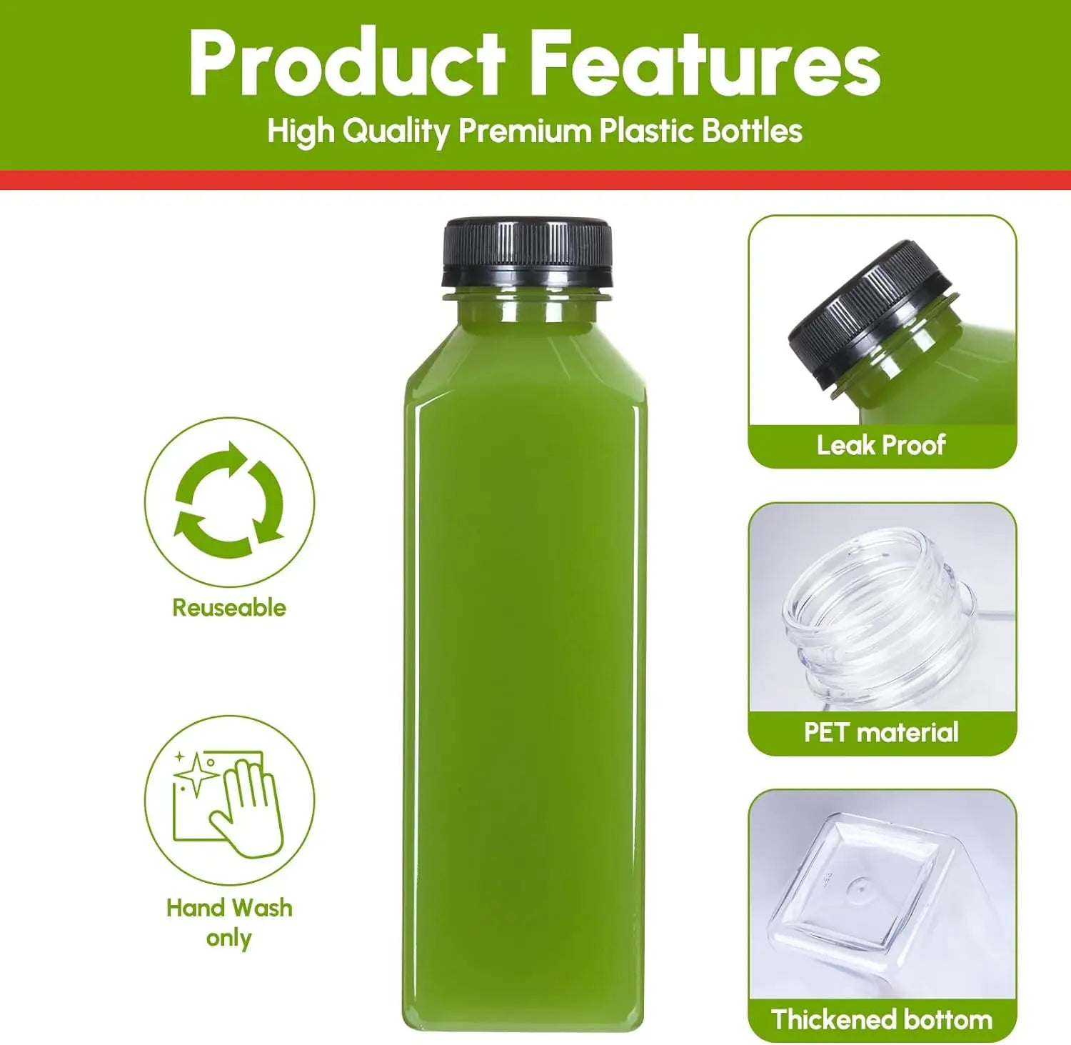 2 ou 6 jus en plastique réutilisables HI avec couvercle, 5 Oz, 8 Oz, 12 Oz, 16 oz, idéal pour la Smunvétérans wn ie, le lait, etc. -Facile à nettoyer et à compléter-Leak-Verde pour Bpa