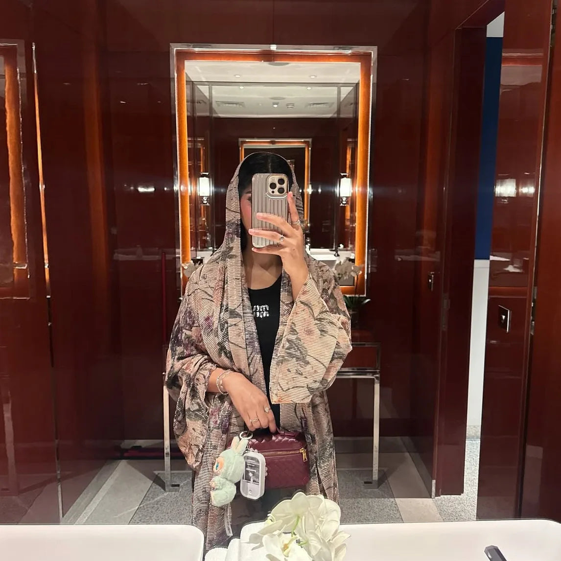 Luxury Dubai Women's Abaya Hijab Included Muslim Elegant Floral Print Pleated Open Long Sleeve Cardigan Caftan