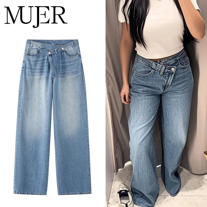 MUJER 2025 Women's Blue Baggy Jeans for Women, High Waisted Mom Jeans, Wide Leg Denim Pants, Summer Jeans