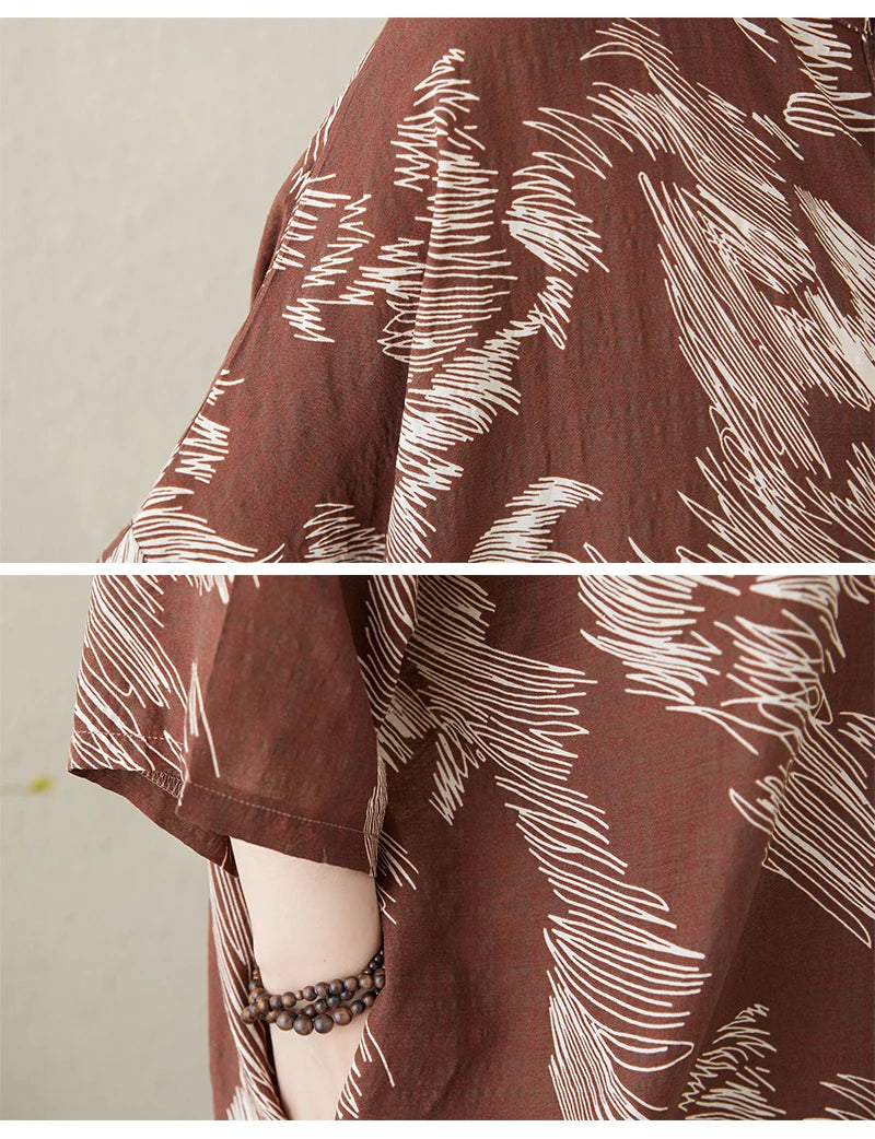 Summer commute. Cotton linen print loose long dress with high neck A-line skirt. Seven long dresses available in plus sizes.