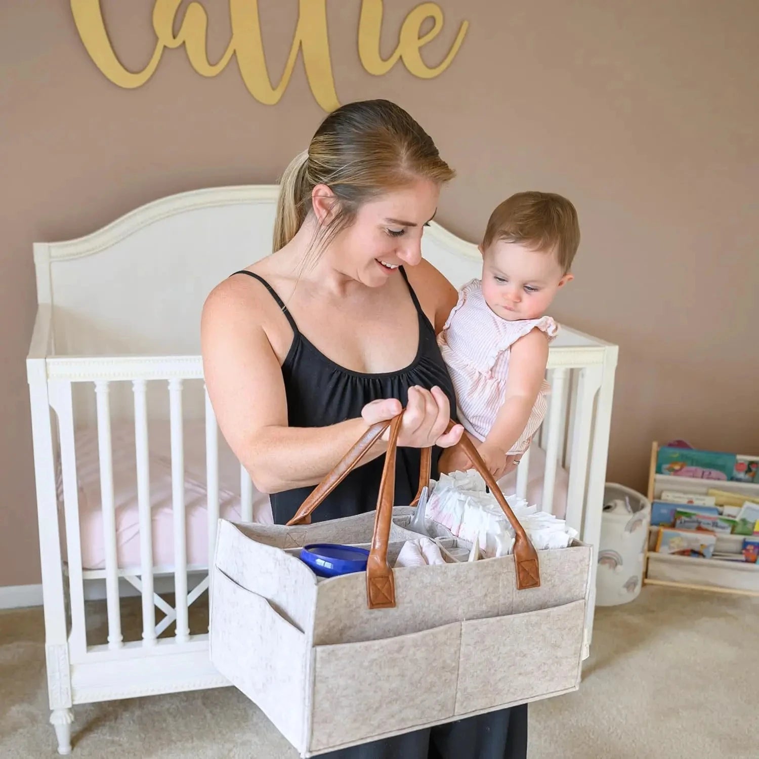 Panier de rangement en feutre pour bébé, panier de rangement pour pépinière, sac à couches pour nourrissons avec poignée, porte-mouche à langer pour enfants, grande poche