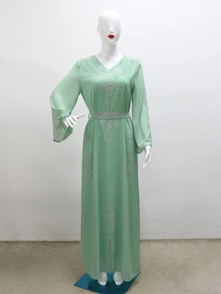 Eid Jalabiya - Women's Muslim Evening Dress, Diamond Lace-Up Arabic Abayas, Long Dresses, Elegant Dress, Educational Dress for Ramadan