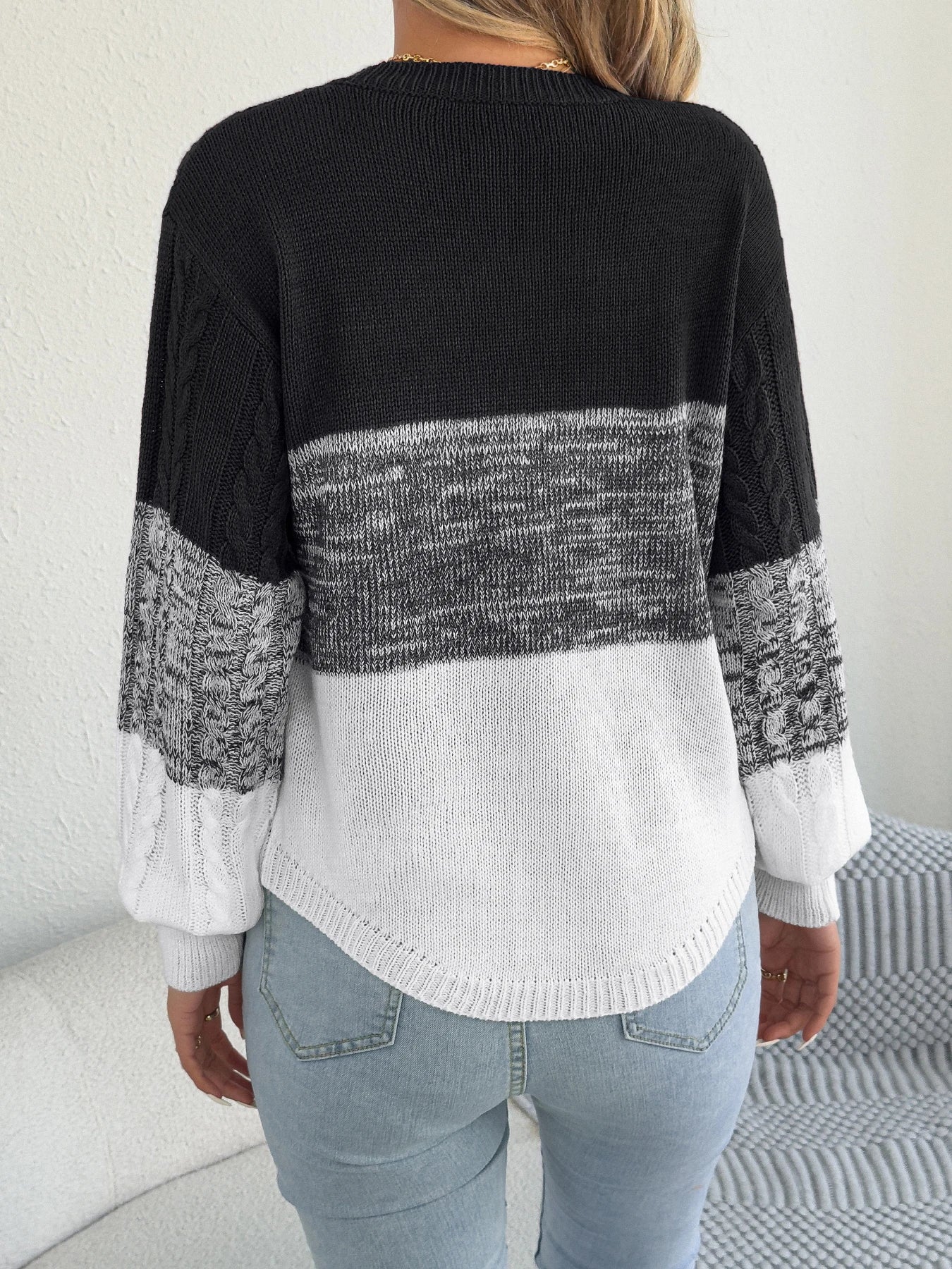 Femme décontracté couleur bloc rayé pull col rond lanterne à manches longues torsion tricoté hauts pour 2025 automne hiver femmes vêtements