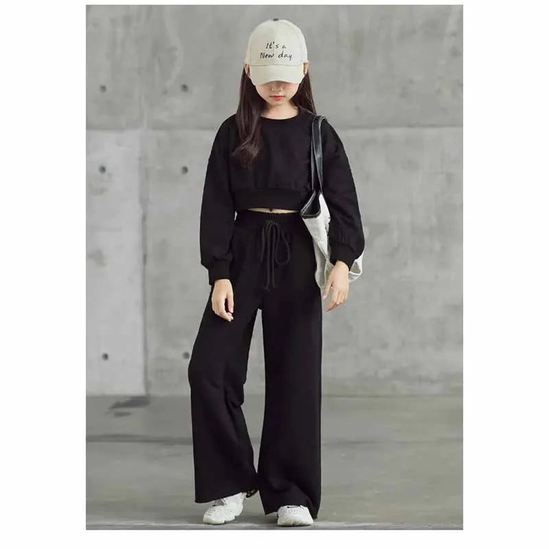 Girls' solid color outfit set, long-sleeved cropped sweater and pants, 2 pieces, new spring-autumn fashion, casual suit for children aged 4 to 12 years