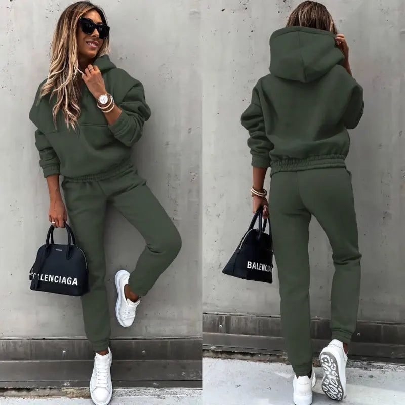 Women's winter tracksuit, two-piece set, oversized hoodie, sweatpants, solid color, sportswear | Casual sweatshirt and pants set