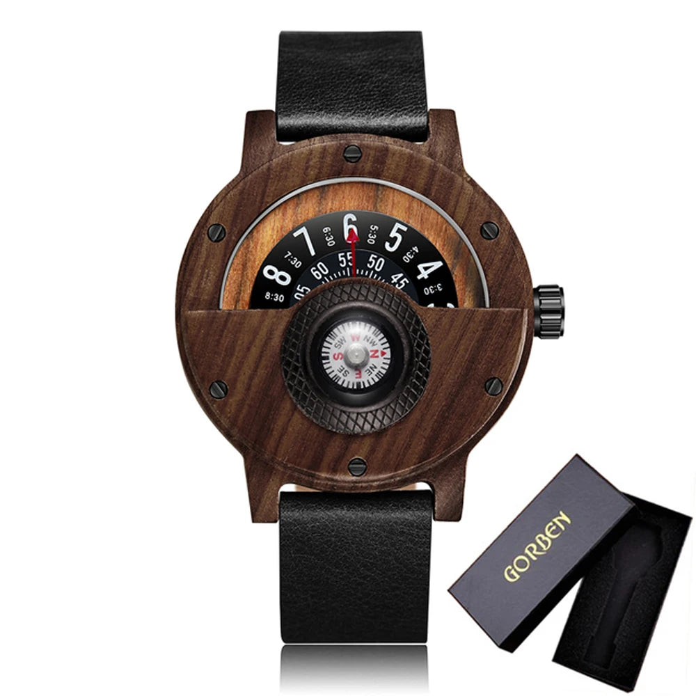 Montre en bois naturel pour hommes, Table rotative, cadran boussole, véritable bois de noyer, ébène, bambou, Concept marron, montre à Quartz