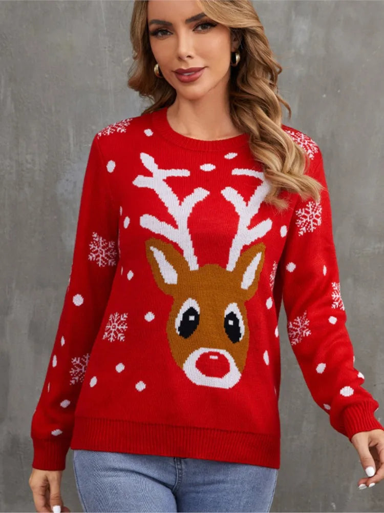 Round neck knitted Christmas sweater, elegant, casual, loose fit, for parties, new fashion, autumn and winter