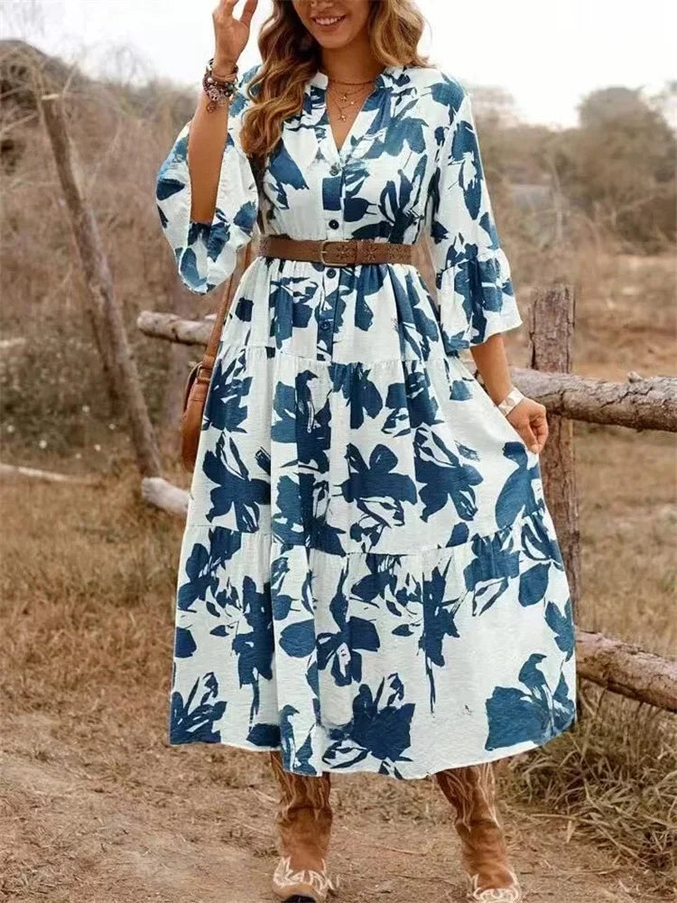 Women's long pleated V-neck dress with waist belt, embellishments, fashionable, knee-length, with flared sleeves, new 2025 collection