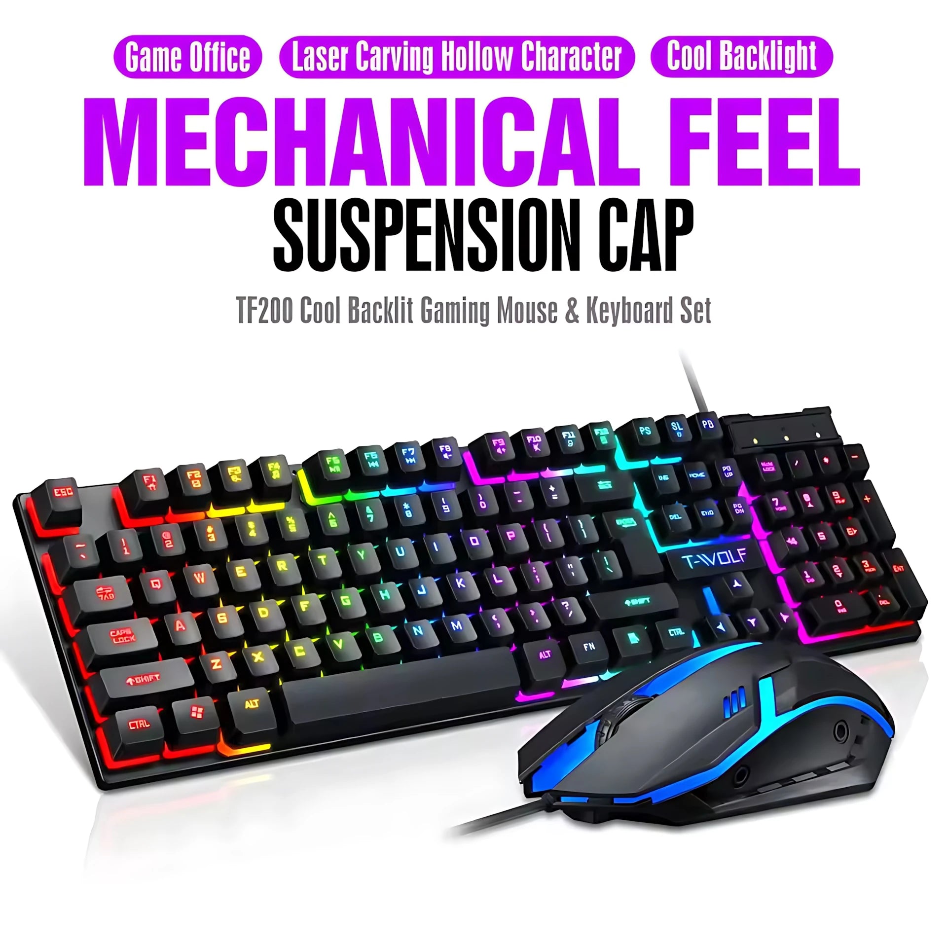 Clavier et souris filaires rétroéclairés arc-en-ciel, capuchons de touches flottants, clavier solide, résistant à l'usure et au toucher confortable pour le bureau d'affaires