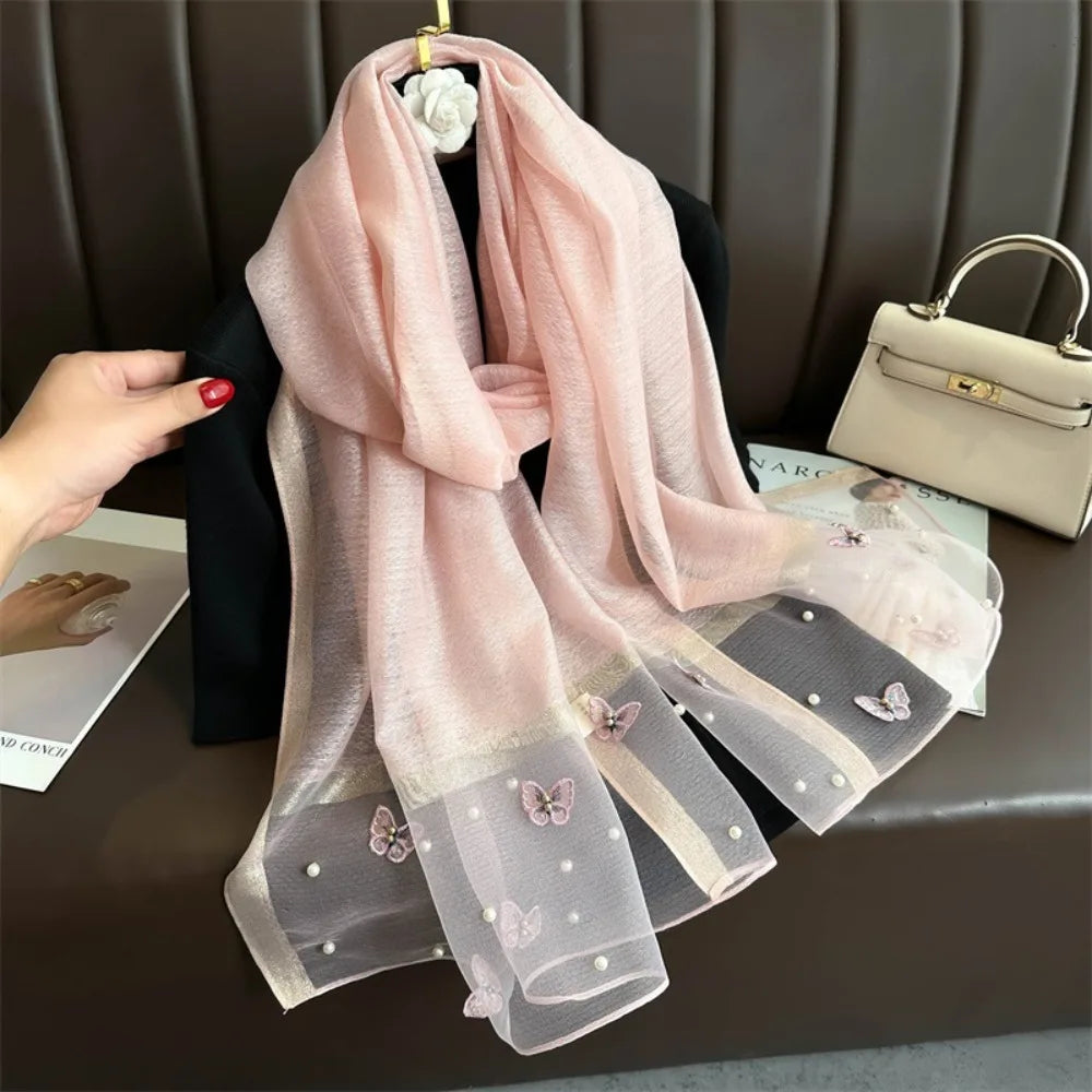 Grand Foulard Fin et Élégant avec Broderie Papillon, Châle Hijab de Luxe pour Femme