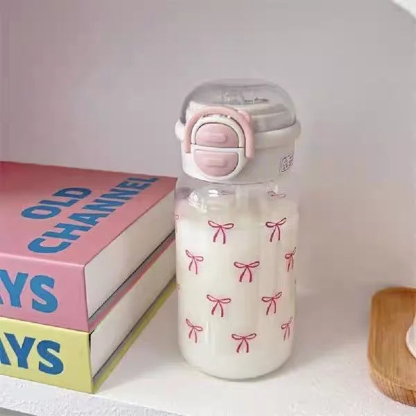 Nouveau Bouteille d'eau en paille à rabat avec nœud rose anti-fuite, tasse en plastique réutilisable, sport voyage pique-nique, verres portables avec couvercle sans BPA
