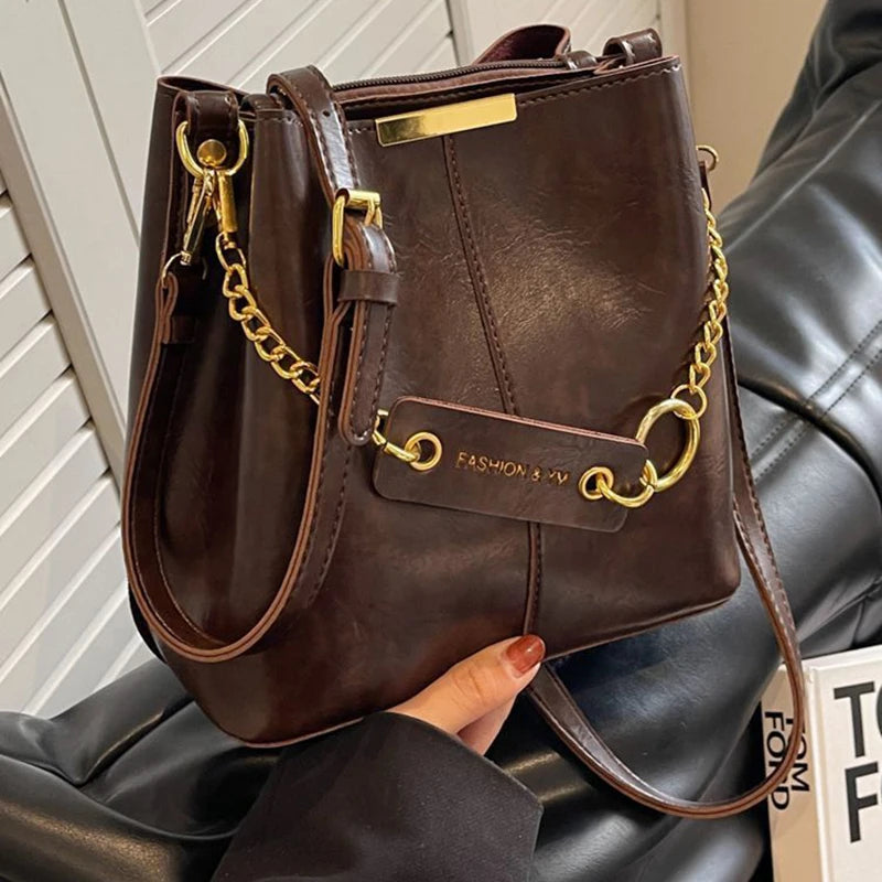 Women's PU leather chain bucket bag, Korean style handbag, shoulder bag, 2025 