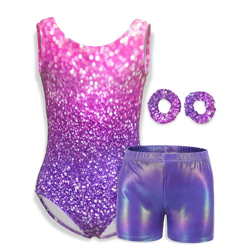 Justaucorps de gymnastique pour filles, vêtements de danse pour enfants avec short assorti, bandeau pour enfants