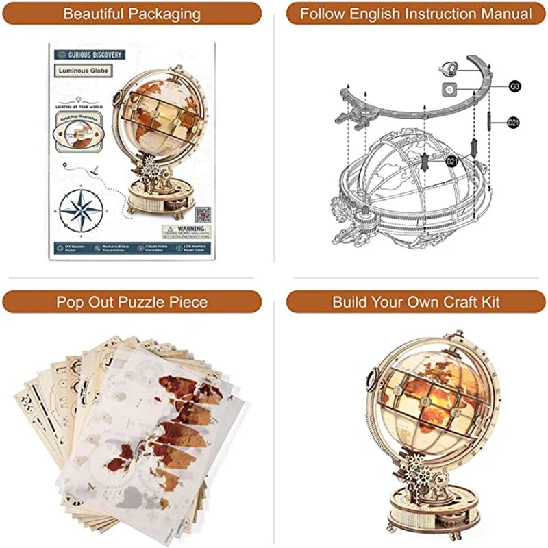 Lampe Globe en bois, jeux de puzzle 3D, cadeau d'anniversaire pour enfants et adultes, blocs de construction de décoration de maison, puzzle 3D pour enfants et adultes