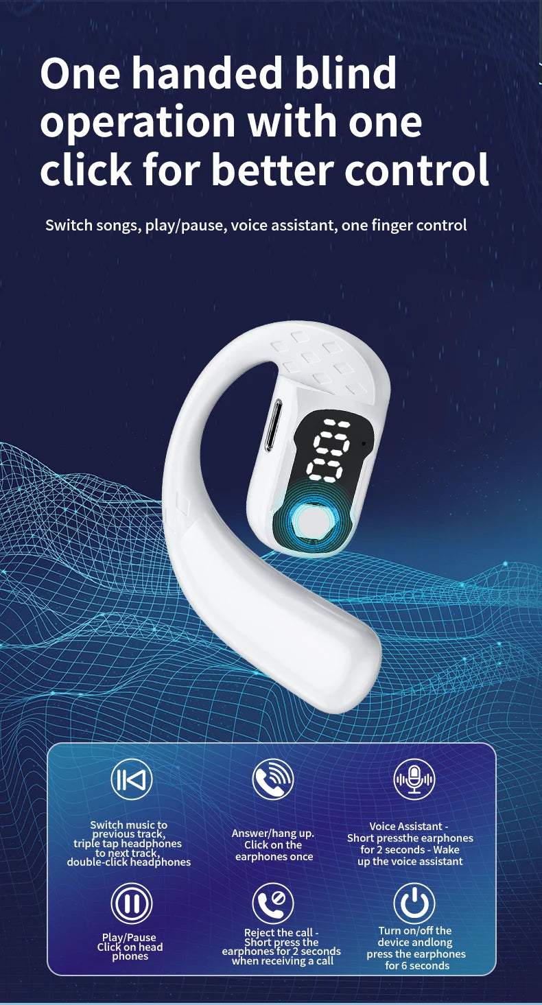 Sans fil Bluetooth 5.4 ouvert 180 °   casque à conduction d'air rotatif avec affichage de la batterie LED sur les deux oreilles et un écouteurs avec microphone