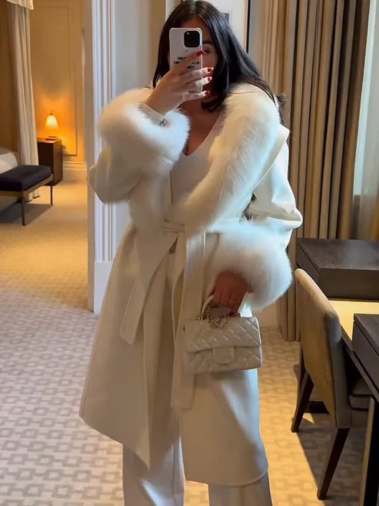 Manteau en laine pour femmes, Patchwork de fourrure solide, mode, manches longues, col en v, à lacets, pardessus Long ample, automne, bureau, vêtements d'extérieur pour dames