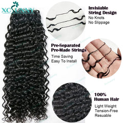 Crochet curly human hair extensions, knotless, pre-parted, feathery, human hair, water wave, invisible knot with string