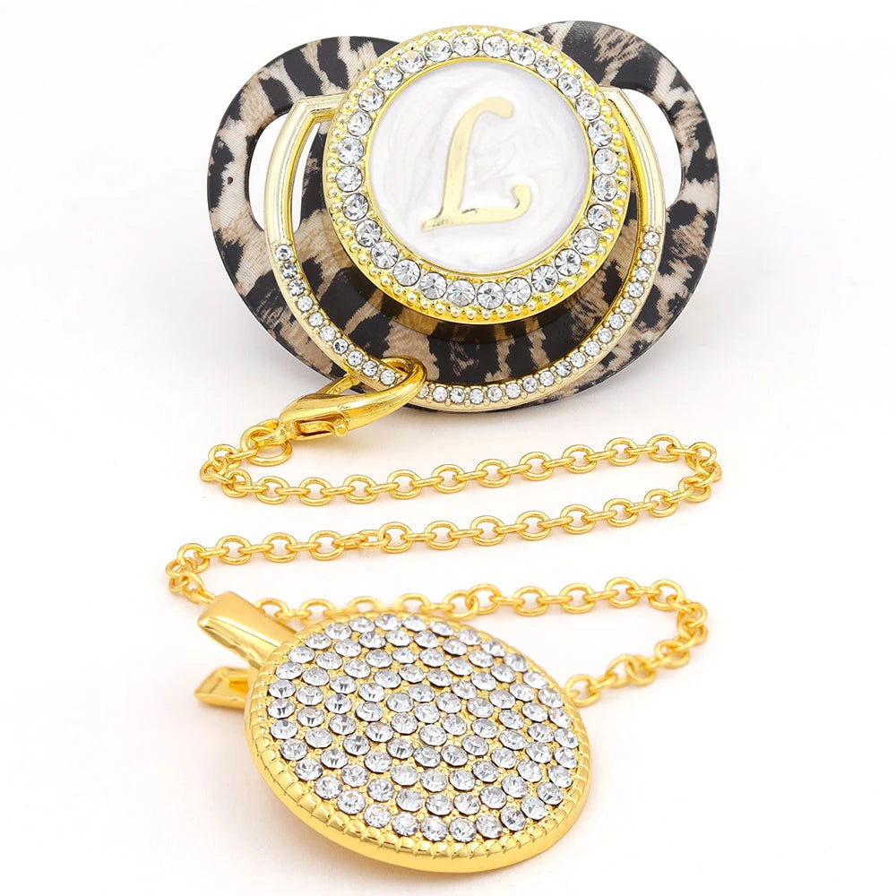Sucette bébé Bling léopard or attache-sucette 24 nom lettre initiale sans BPA Silicone infantile mamelon factice sucette Chupete