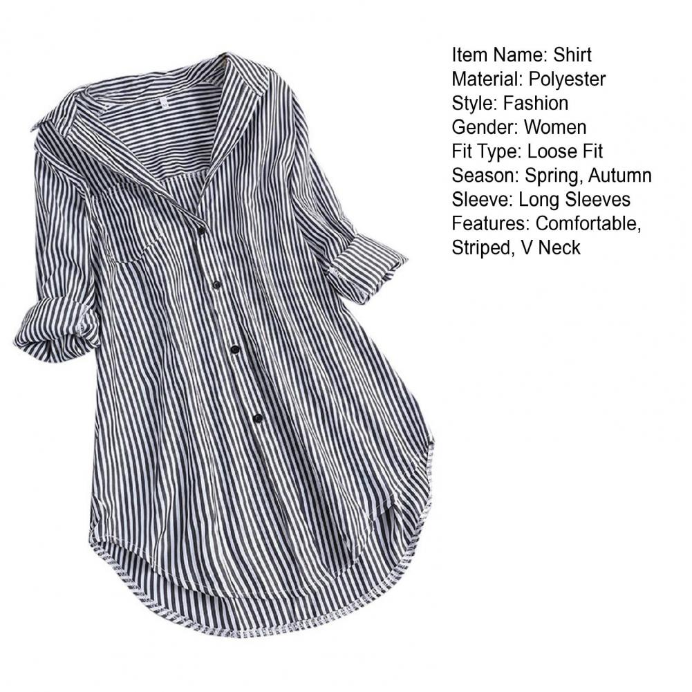 Chemisier Tunique Femme Rayé à Manches Longues Col V Mi-long Col Rabattu Coupe Ample Décontracté Élégant Été Tailles M-4XL